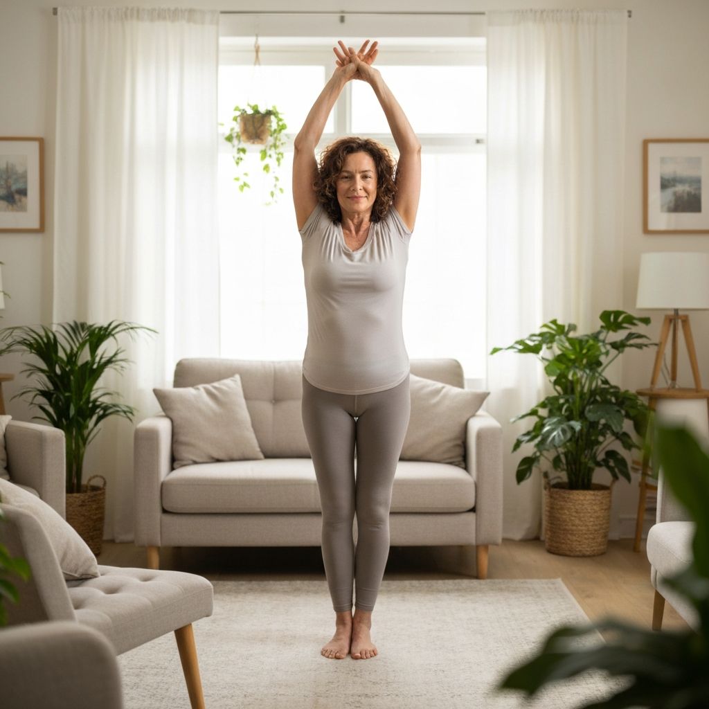 Person practicing gentle yoga in calm home setting
